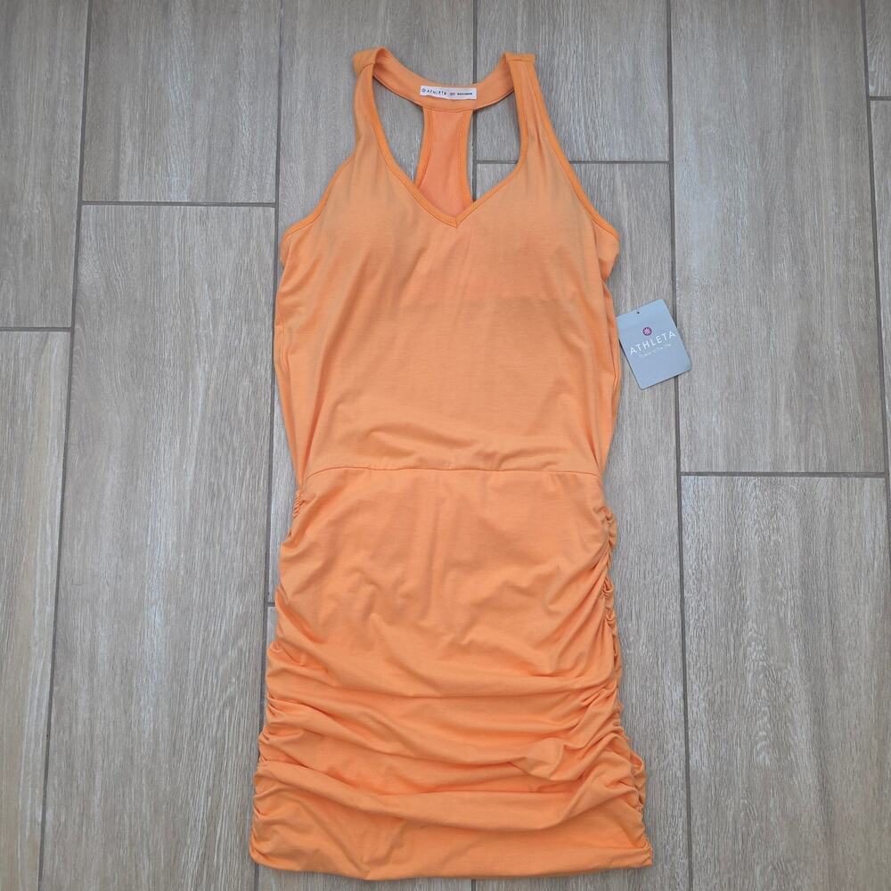 Athleta Tee Racerback Dress Womens MP NWT Peach Ruched Built In Bra Stretch